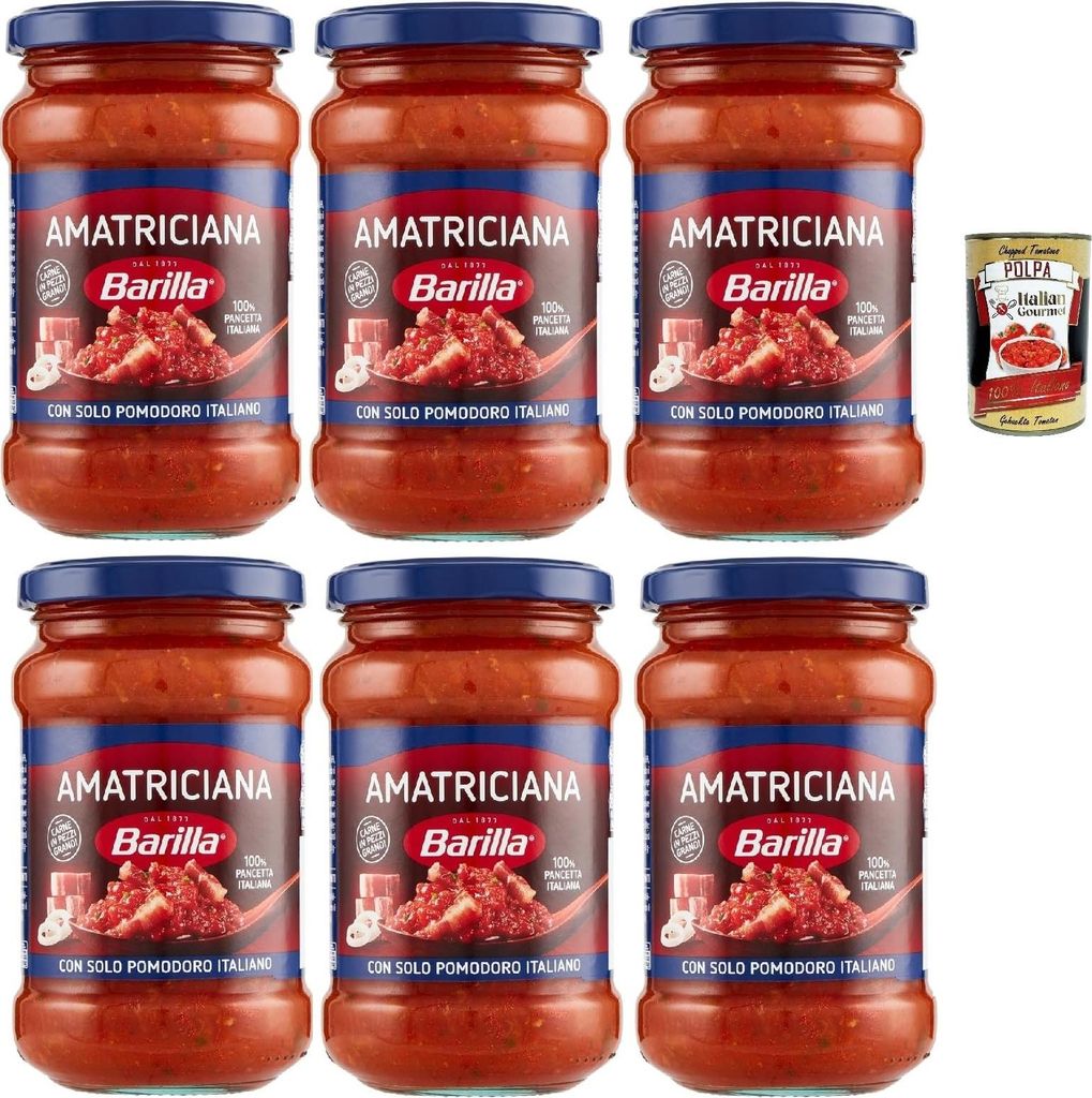 Barilla Amatriciana Pasta-Sauce – 6 x 300 g (1,8 kg) | Mit 100% italienischer Pancetta & Tomaten – stückig, servierfertig, ideal für Spaghett...