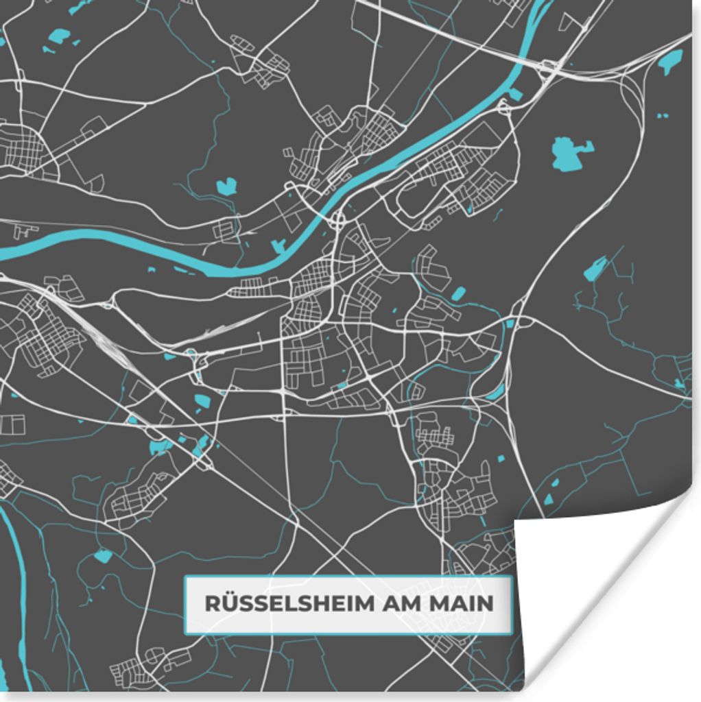 MuchoWow Poster Stadtplan - Karte - Rüsselsheim am Main - Blau - Deutschland - Karte 100x100 cm - Babyzimmer