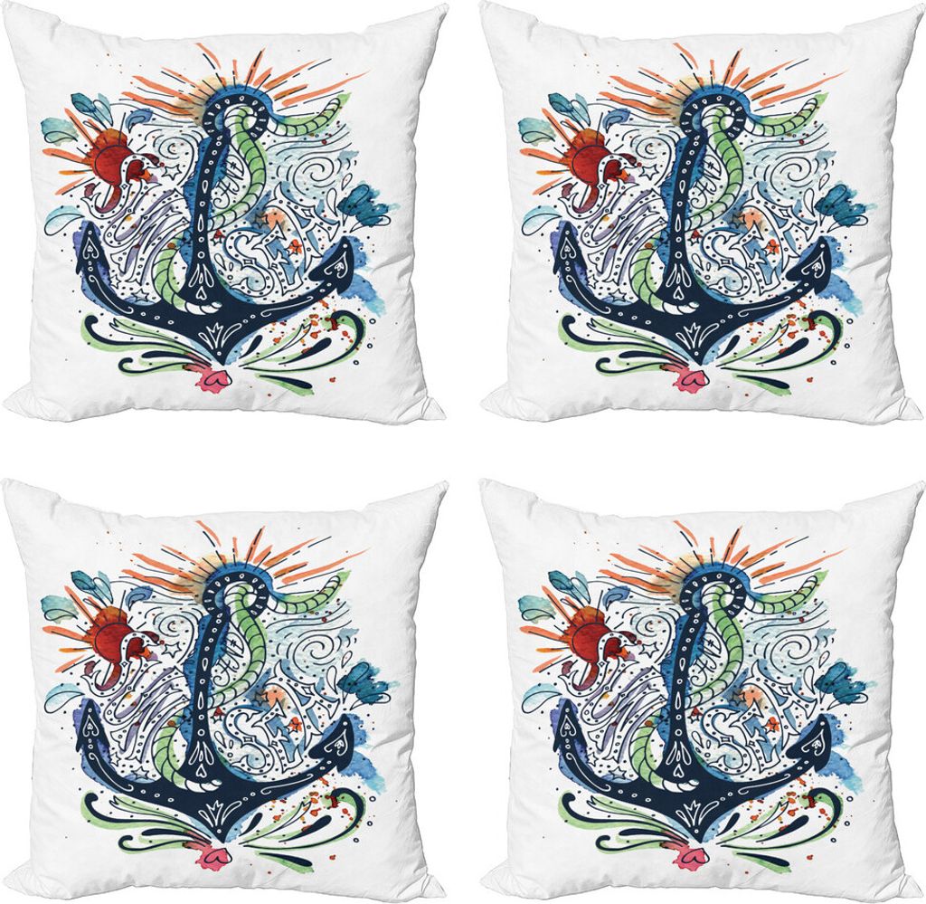 ABAKUHAUS Anker Kissenbezug Set (4 Stück), Schiffsanker mit Sun, Moderner Doppelseitiger Digitaldruck, 40 cm x 40 cm, Mehrfarbig