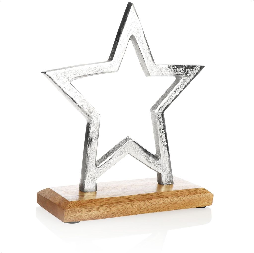 com-four Premium Deko-Aufsteller Stern - Stern-Statue aus vernickeltem Aluminium auf Sockel aus Mangoholz - Deko-Stern zum Hinstellen - tolle Ste...