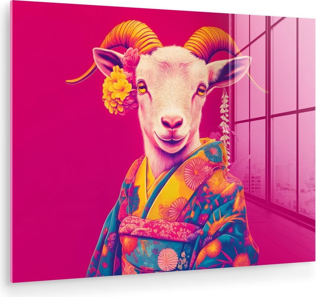 MuchoWow Glasbilder - Bilder auf Wandbild - Foto auf Glas Ziege - Hörner - Kimono - Farbenfroh 40x30 cm Wanddekoration aus Glas - Acrylglasbild - ...