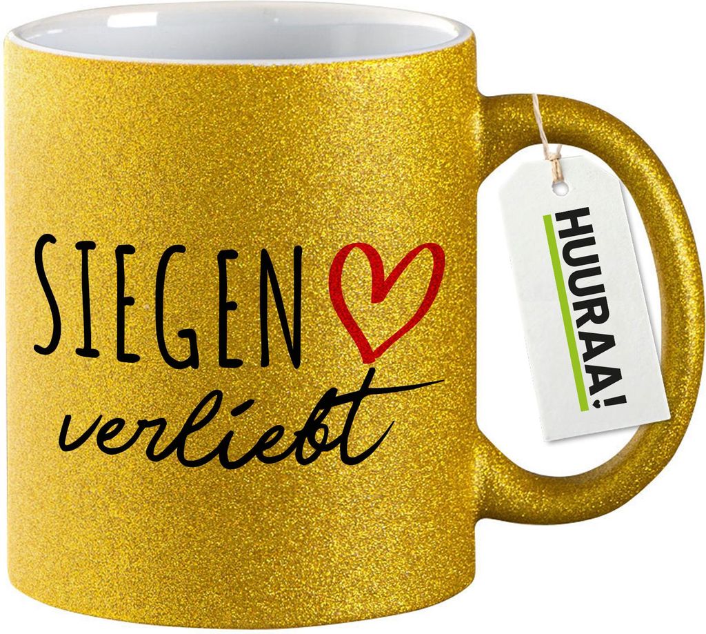 Huuraa Glitzertasse Siegen verliebt 330ml Gold Keramik Kaffeebecher Geschenkidee
