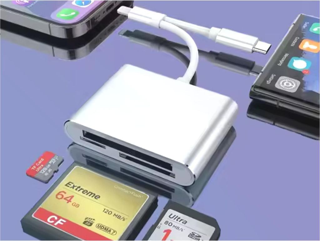 BRAINZAP USB-C + Lightning Type C Alu Karten Leser Card Reader Micro SD SDHC CF MMC Compact Flash Apple Android PC Laptop