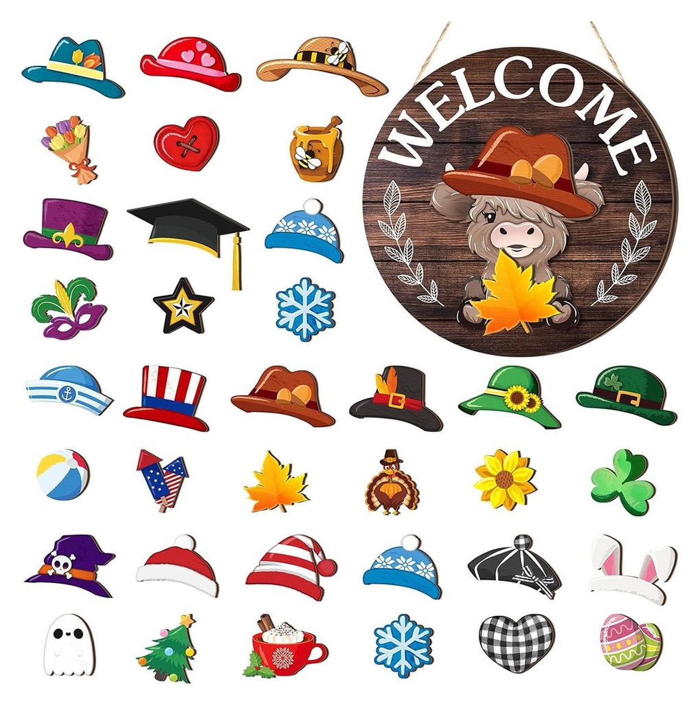 1 Set austauschbares Willkommensschild aus Holz mit saisonalen Hut-Accessoires, Gnome Highland Cow Hängendes Türschild für Zuhause, Büro, Weihn...