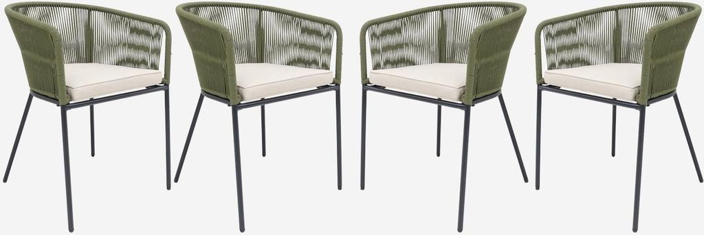 Four khaki garden chairs with cream cushions are arranged side-by-side against a white background.