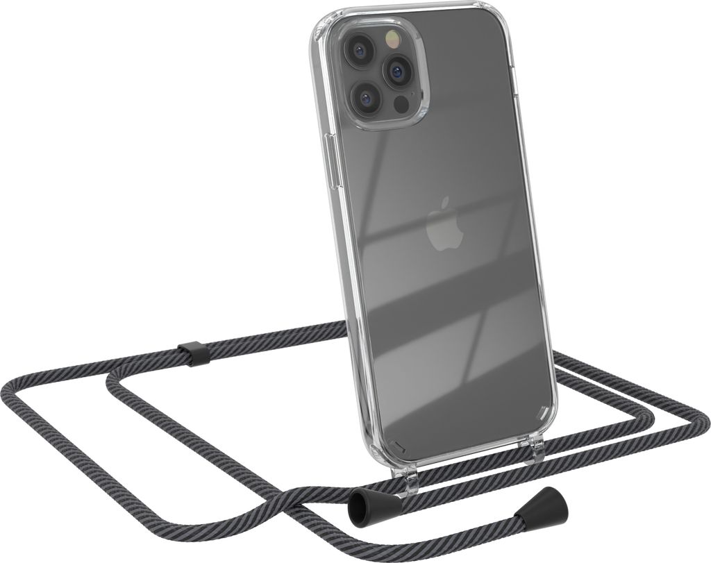 EAZY CASE Handykette kompatibel mit Apple iPhone 12 / 12 Pro, Handyhülle mit Umhängeband, Handykordel, Schutzhülle Clear, Band in Grau