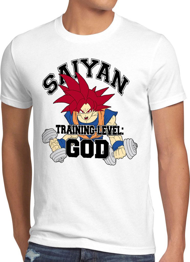 style3 Goku Saiyan Training-Level God Herren Anime T-Shirt Fitness-Studio Gewichte Hanteln Muskeln, Größe:5XL, Farbe:Weiß