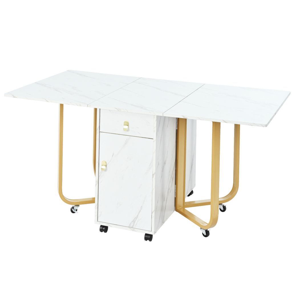 Marmortextur Esstisch mit Rollen, Klappbarer Esstisch mit Stauraum, Multifunktionaler Couchtisch,Goldene