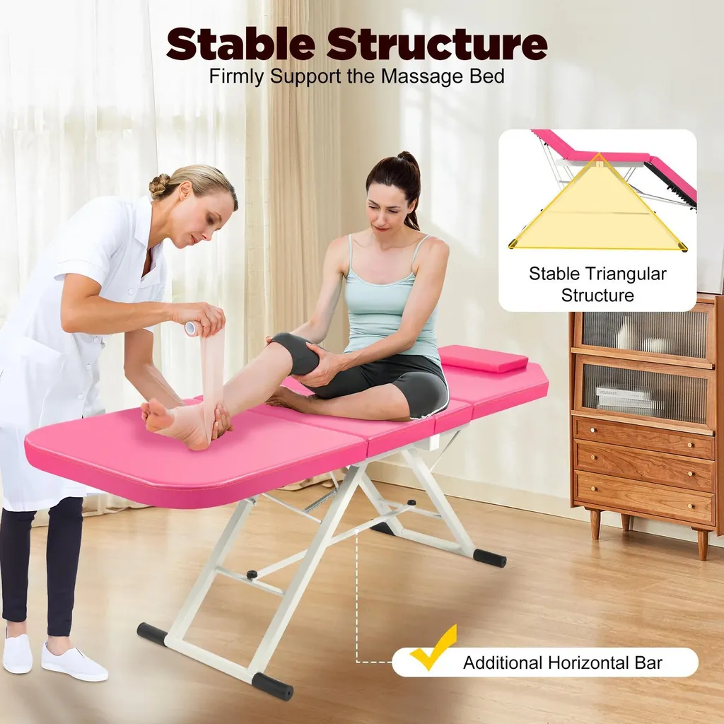 Table de massage pour soins à domicile pliable et réglable rose 182cm - 2