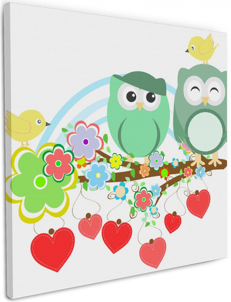 Wallario Premium Leinwandbild Bunte Eulen mit kleinen Vögeln auf dem Ast in Größe 50 x 50 cm