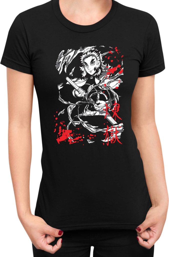 Damen T-Shirt Demon Anime Slayer Kimetsu No Yaiba Kyoujuro Rengoku 004, Lady L / Schwarz