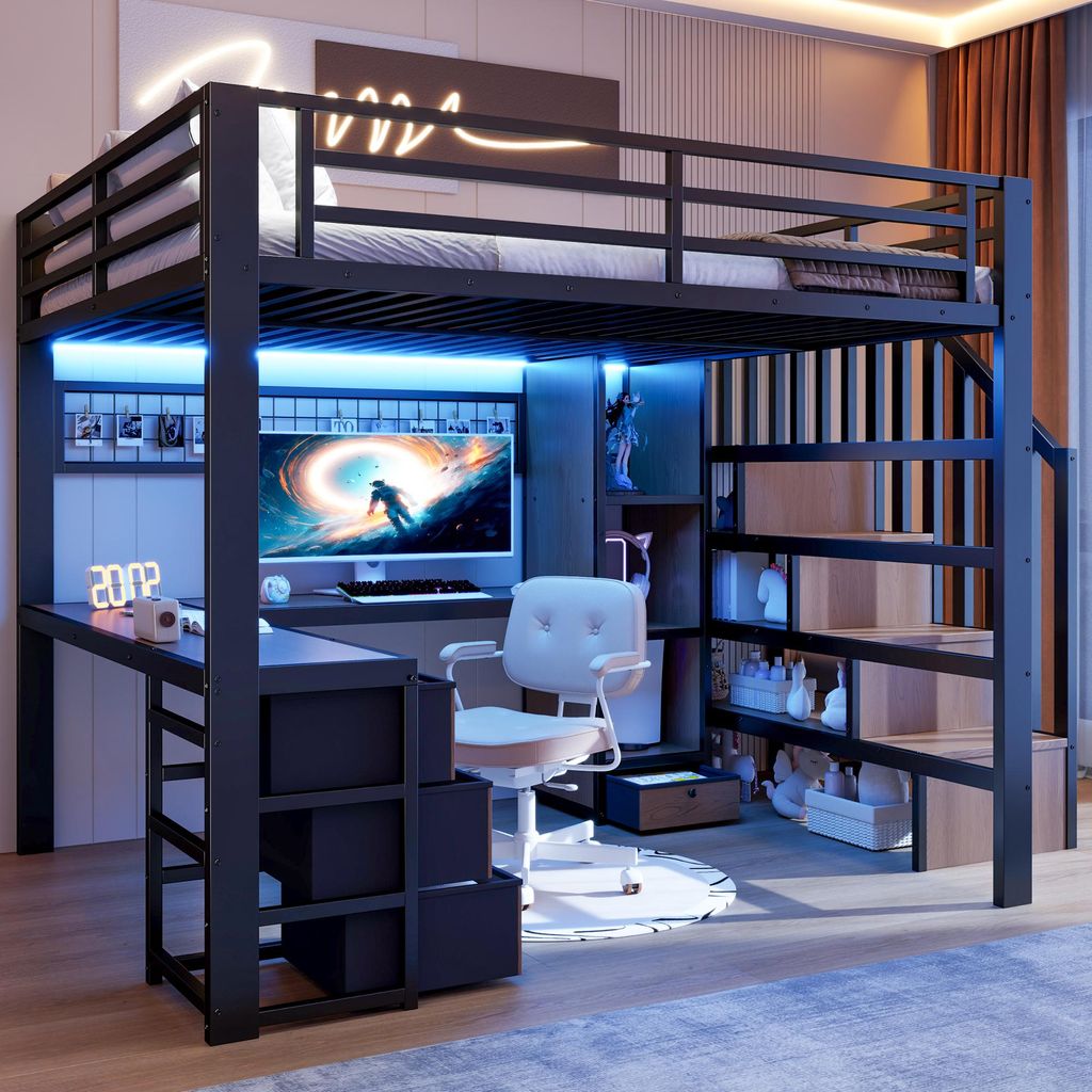Lit superposé 140 x 200 cm avec bureau intégré, éclairage Image du produit 