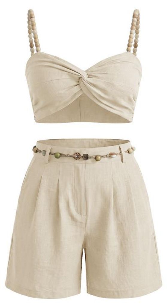 Kurzes zweiteiliges Damen-Pyjama-Set: geknotetes Oberteil + hochgeschnittene Shorts
