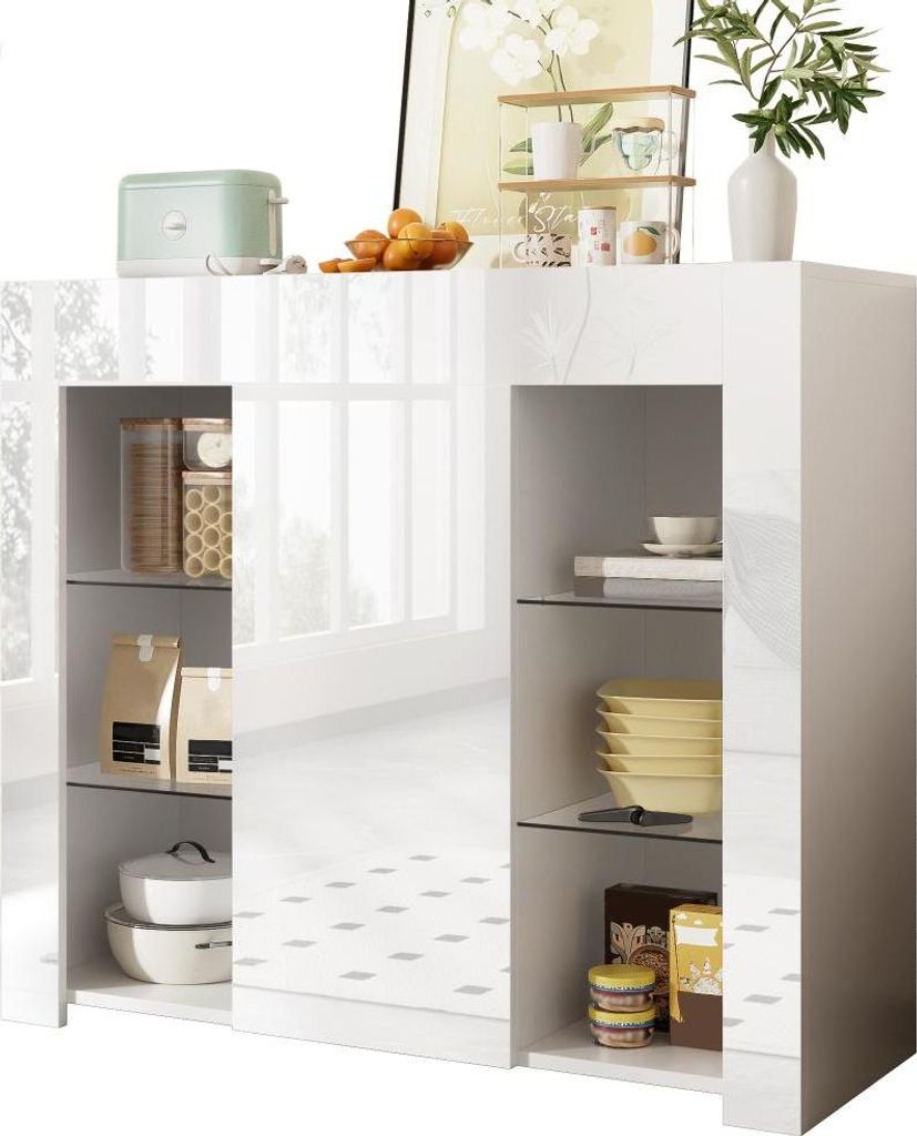 AIORBER Weiß/Schwarz Buffet Hochglanz Front 95x35x83 cm Kompakte Anrichte Sideboard mit Glasregalen und Tür Modern Wohnzimmer