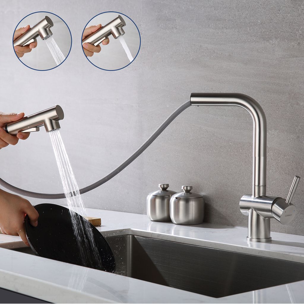 Lonheo Hochdruck ausziehbar Küchenarmatur, Spültischarmatur mit 2 Auslauffunktionen, 360° Schwenkbar Einhebel Küchenwasserhahn, Mischbatterie
