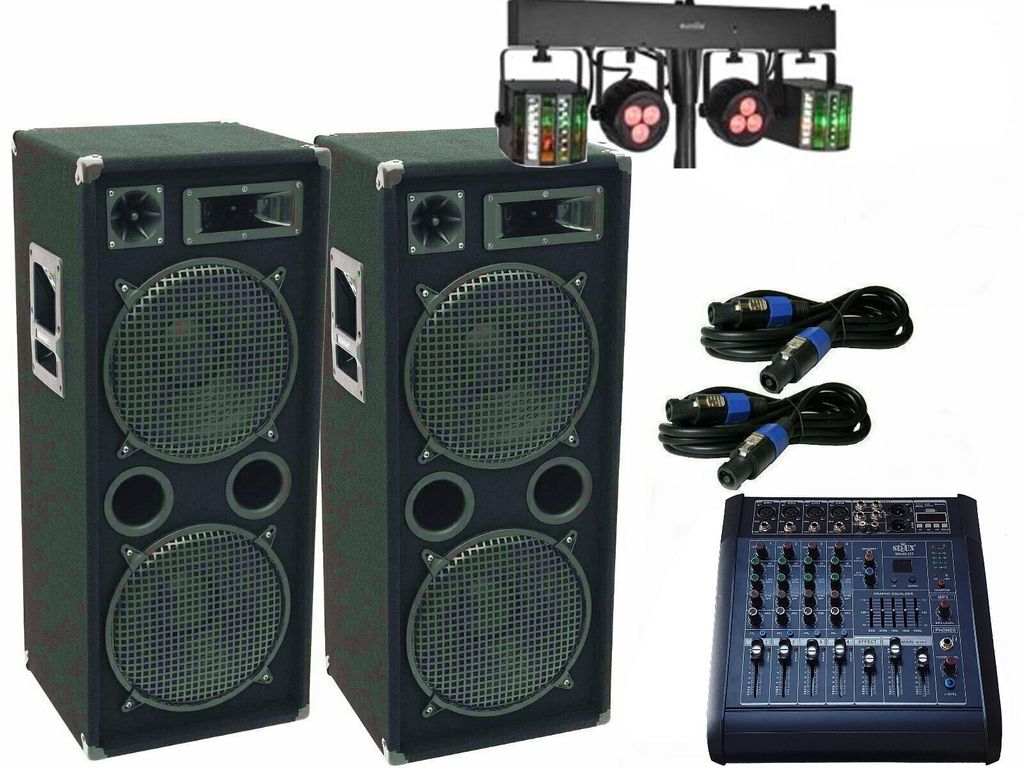 Das PA Komplett Set2 Powermixer Anlage LED Licht DJ 3Wege USB Musikanlage 3000W