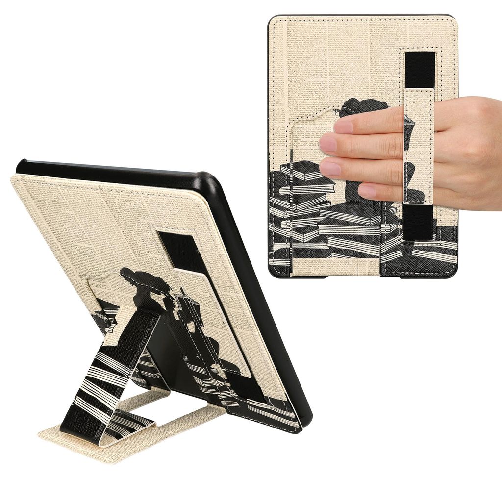kwmobile Schutzhülle kompatibel mit Amazon Kindle Paperwhite 11. Generation 2021 Hülle - Kunstlederhülle mit Ständer und Handgurt - Lesende Frau -