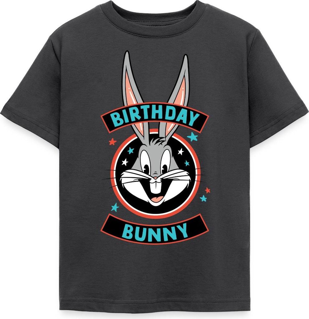 Spreadshirt Looney Tunes Bugs Bunny Geburtstag Birthday Bunny Kinder T-Shirt, 98/104 (3-4 Jahre), Dunkelgrau