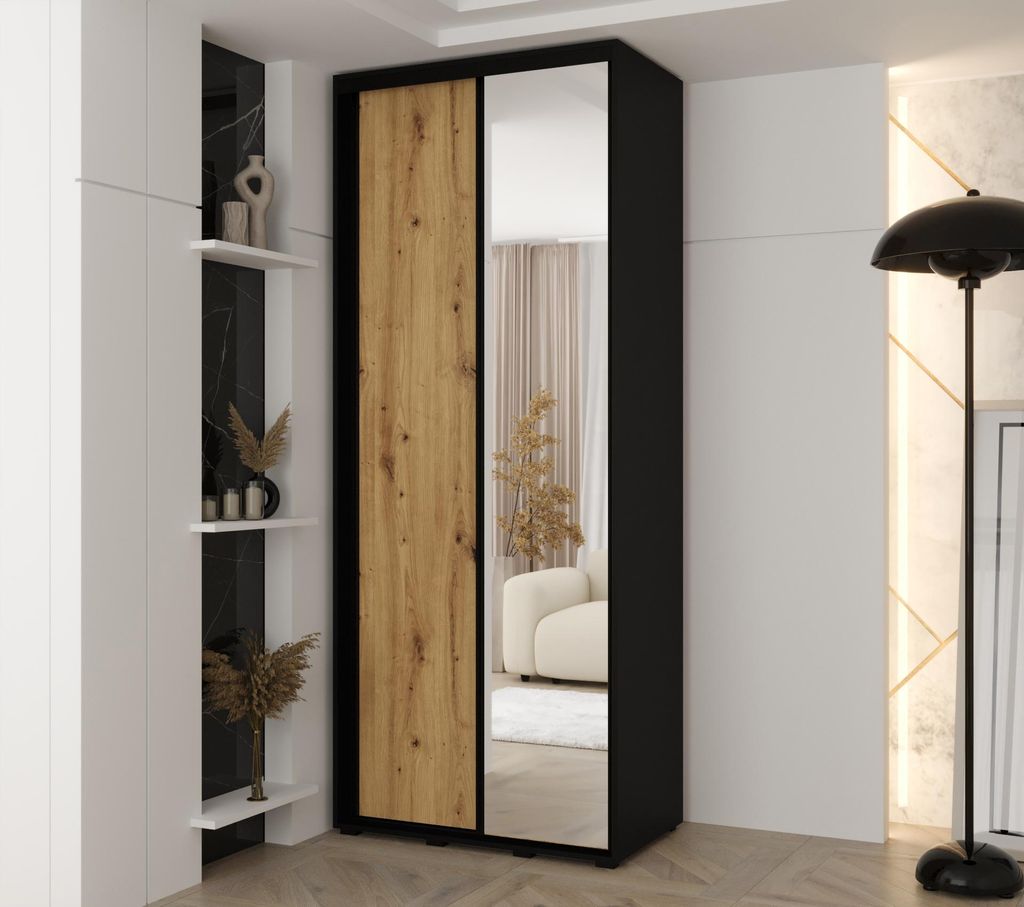 MINIO go for it, Kleiderschrank VADO, 110x235,2x45 cm, 2 Schiebetüren (1 Spiegel), 6 Einlegeböden, 2 ausziehbare Metallstangen, Schwarz/ Artisan ...