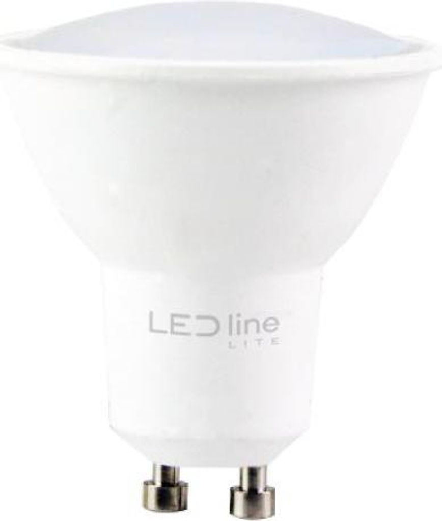 A white LED light bulb with a GU10 base is shown against a white background.