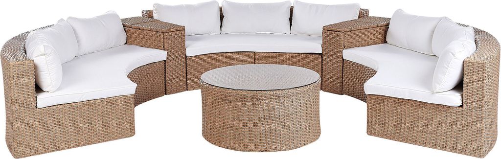 BELIANI Gartenmöbel Set Sandbeige Rattan u. Aluminium Halbrund Modern 9-Sitzer Sofa mit Couchtisch Kissen Weiß Terrasse Outdoor Lounge Set 6-Teilig