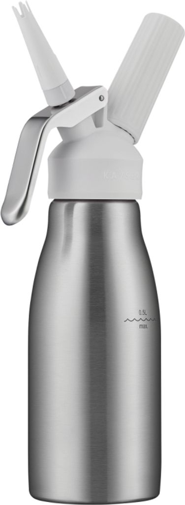 A stainless steel whipped cream dispenser with a white nozzle and handle.