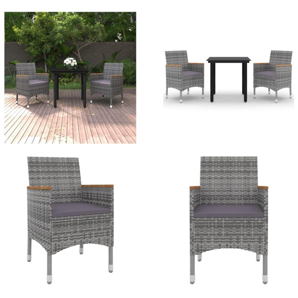 vidaXL 3 tlg. Garten Essgruppe mit Auflagen Poly Rattan und Glas - Garten-Essgruppe - Garten-Essgruppen - Outdoor-Essgruppe - Gartentisch Und Stuhl