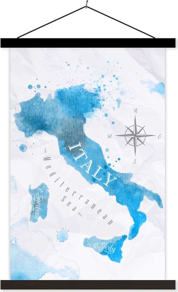 MuchoWow Textilposter Weltkarte - Blau - Italien 120x180 cm mit schwarzem Rahmen - Fotos