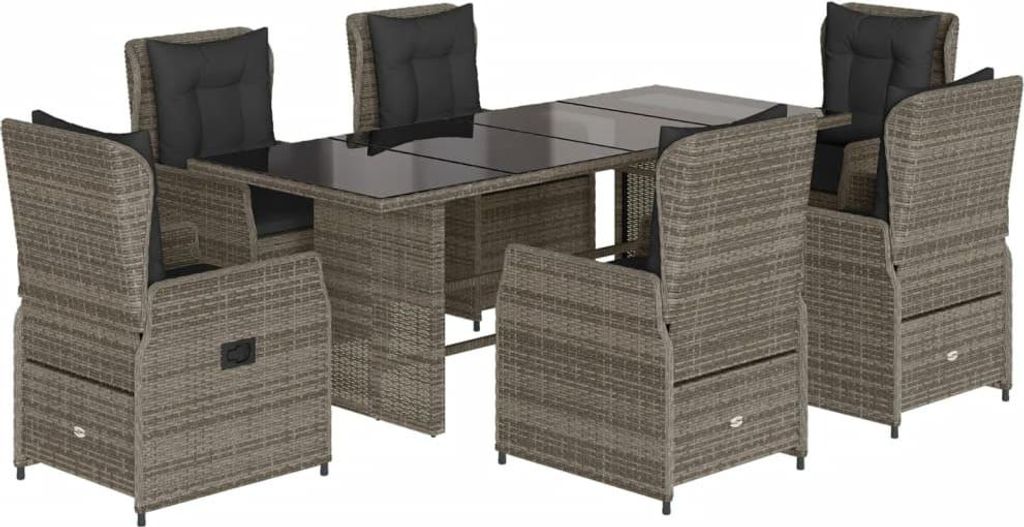 vidaXL 7-tlg. Garten-Essgruppe mit Kissen Grau Poly Rattan
