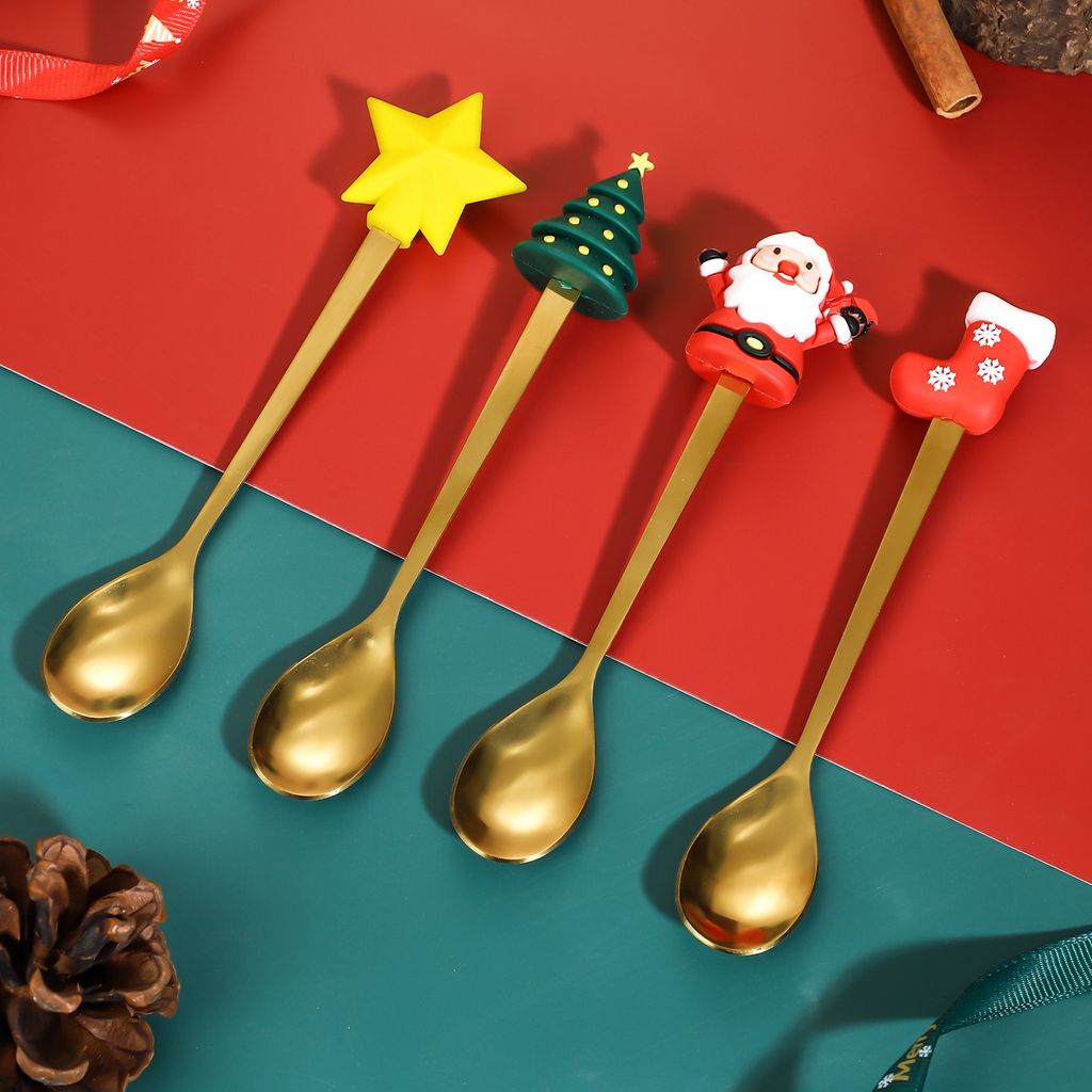 Weihnachtslöffel & Gabel Set Gold - 6-teiliges Edelstahl-Set Für Dessert & Kaffee