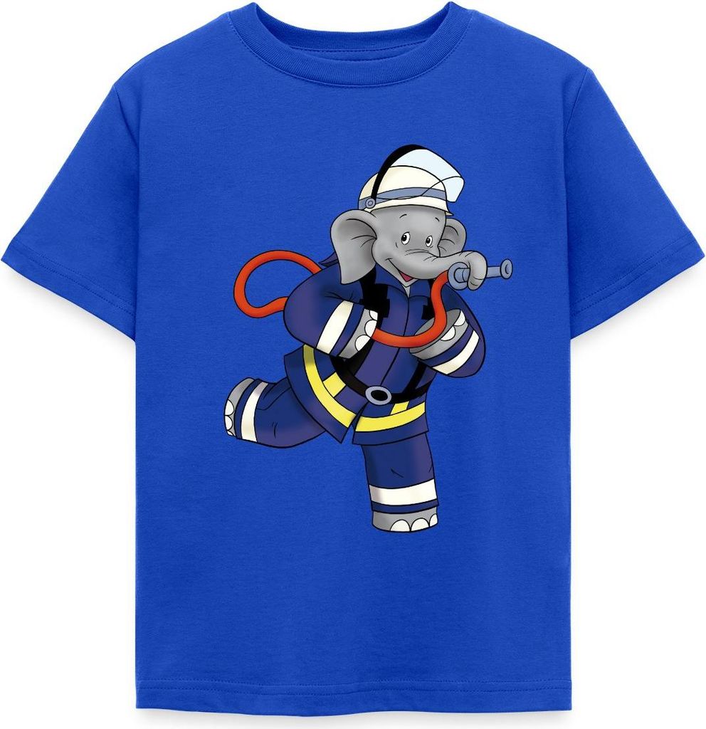 Spreadshirt Benjamin Blümchen Als Feuerwehrmann Kinder T-Shirt, 110/116 (5-6 Jahre), Royalblau