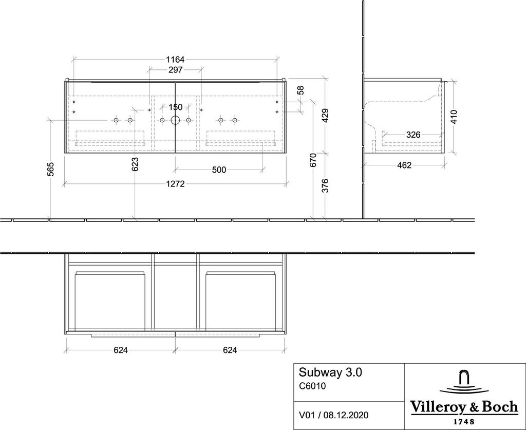 Villeroy & Boch Subway 3.0 Waschbeckenunterschrank, 2 Auszüge, Waschbecken mittig, 1272x429x478mm, C60102VM