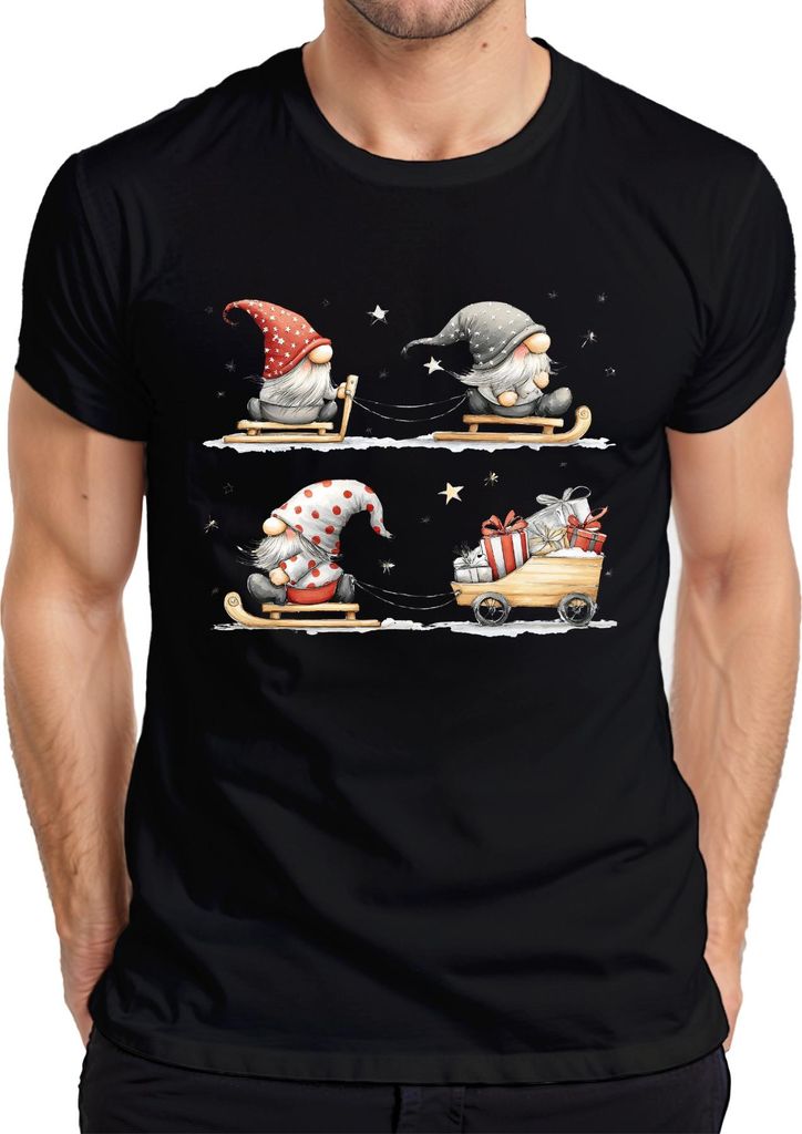 Weihnachtswichtel Schlitten Geschenke Sterne Schnee Niedlich Herren T-Shirt, Schwarz, XL