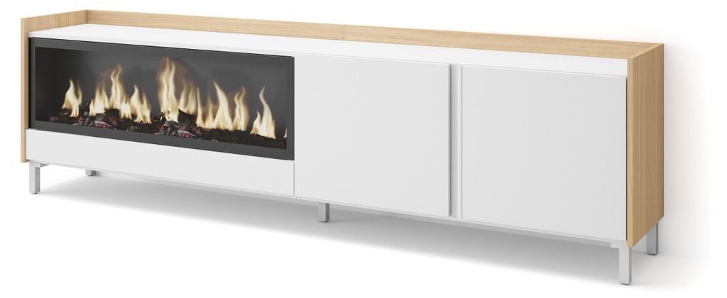 TV-Möbel Holzeffekt weiß und eiche 212x35x61cm Kamin mit Feuereffekt