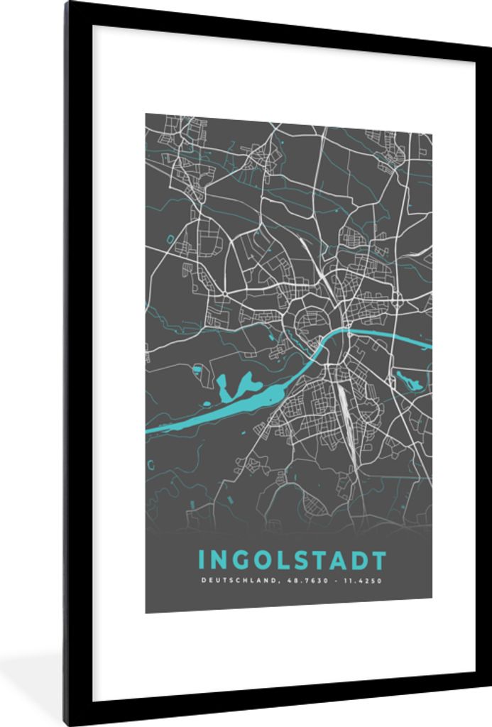MuchoWow Gerahmtes Poster Deutschland - Blau - Ingolstadt - Stadtplan - Karte 60x90 cm - Poster mit Schwarzem Bilderrahmen Wandposter Rahmen Foto...