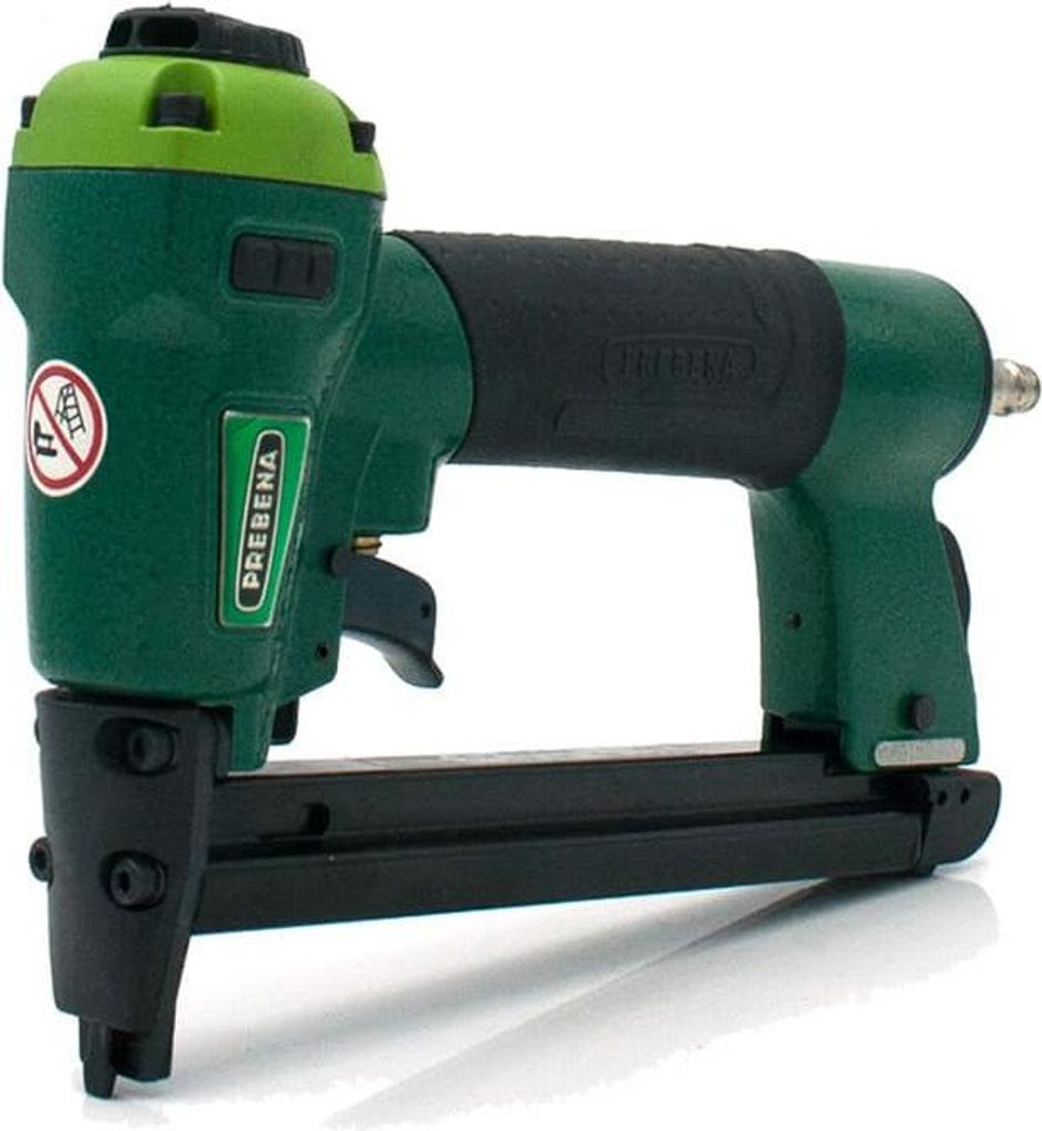 A green and black pneumatic stapler is shown against a white background.