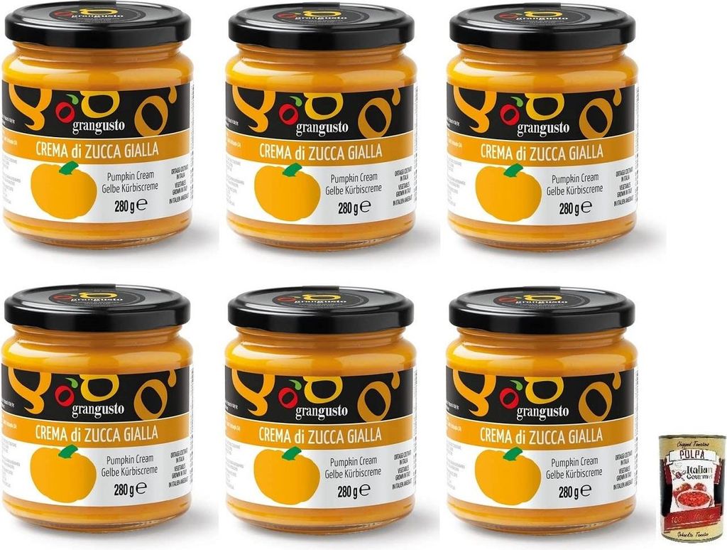 6x Grangusto Crema di Zucca Gialla,Gelbe Kürbiscreme,Gemüse aus Italien,Ideal für die Zubereitung von Risottos und Pasta,280g Glas + Italian Gou...