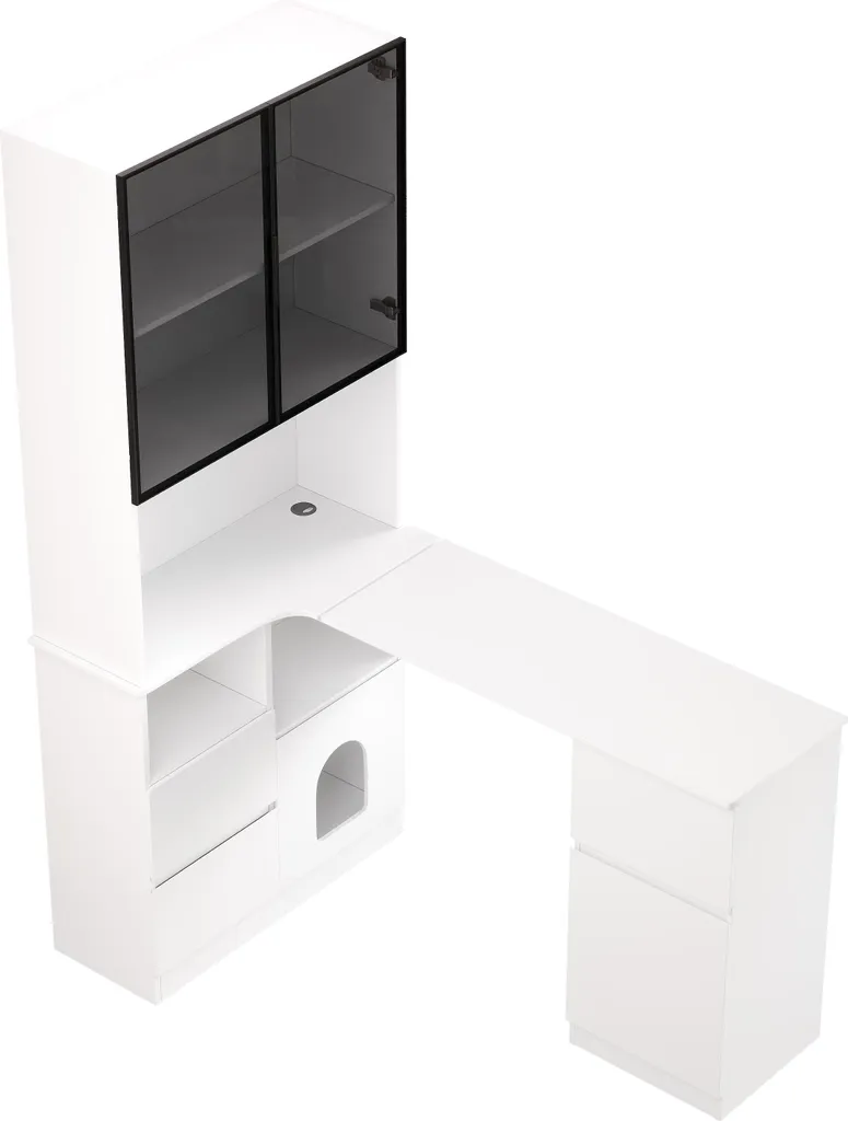 Bureau informatique d'angle blanc avec bibliothèque LED et tiroirs - 7