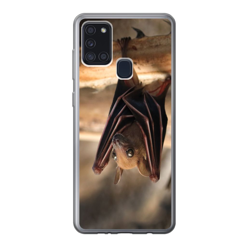 MuchoWow Handyhülle Schutzhülle Hülle für Samsung Galaxy A21s Baby - Fledermaus - Holz Silikon Softcase Handy Hülle - Hartschale