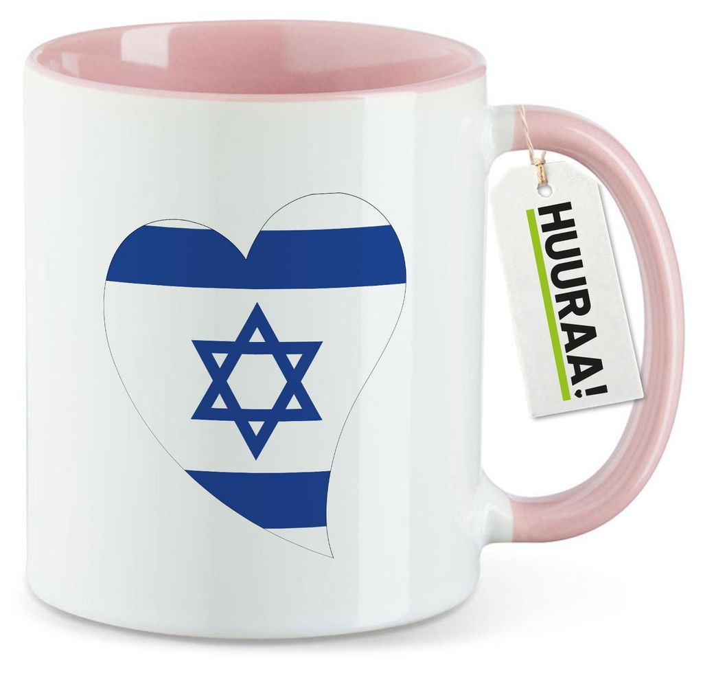 Huuraa Kaffeetasse Israel Flagge Herz 330ml Rosa Keramik Kaffeebecher Geschenkidee