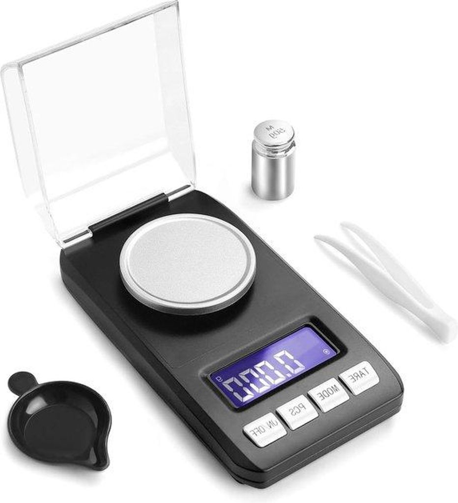 Elektronische Personenweegschaal mit Kalibrationsgewichten für Pulver und Medikamente, Milligrammauflösung, inkl. Pincet und Weegpan