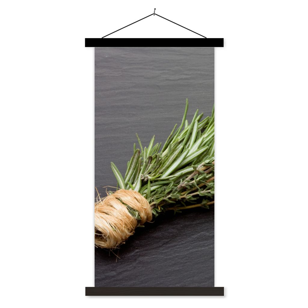 MuchoWow Textilposter Thymian - Kräuter - Grün - Tisch - Küche - Stein 40x80 cm mit schwarzem Rahmen - Wandemalerei
