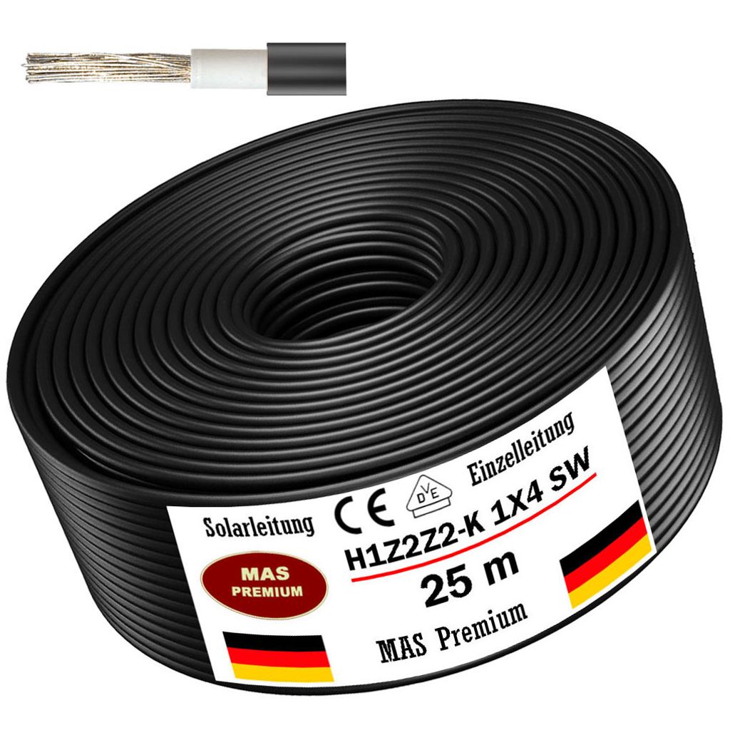 25m Solarleitung Solarkabel H1Z2Z2-K 4 mm² Schwarz Photovoltaik Halogenfrei