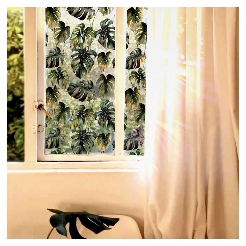 Fensterfolie Dekorfolie 43x300 cm Blickdicht Statisch Farbglas Regenbogen für Badezimmer Küche Schlafzimmer Grün Monstera Blätter
