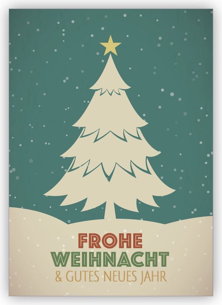 4x Edle Retro Weihnachtskarte mit Weihnachtsbaum: Frohe Weihnacht & gutes neues Jahr