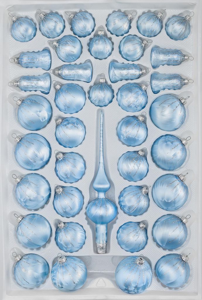 39 tlg. Glas-Weihnachtskugeln Set in Ice Blau Silber Regen Produktbild 
