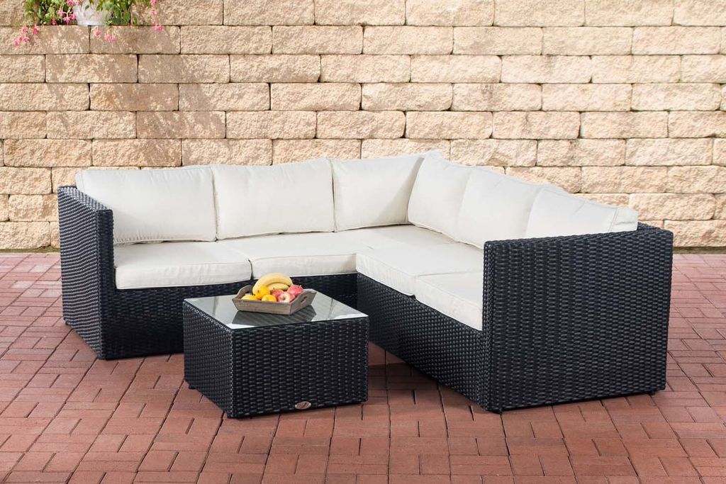 CLP Polyrattan Ecksofa-Garnitur Genero 5mm schwarz Polsterfarbe Cremeweiß