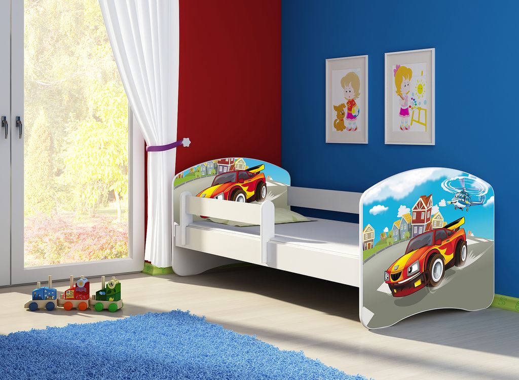 Kinderbett, Babybett 70x140, 80x160, 80x180cm Juniorbett, Kind, Motiv, Schublade CLAMARO, Bett Farbe:03 Racing Car, Ausführung:Mit Bettkasten, Bet...