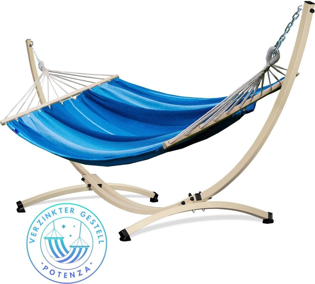 Potenza Outdoor Hängematte mit Gestell für 2 Personen I Stabhängematte XXL 220x160, 200kg I Verzinkter Ecru Hängemattengestell 220kg Wetterfest