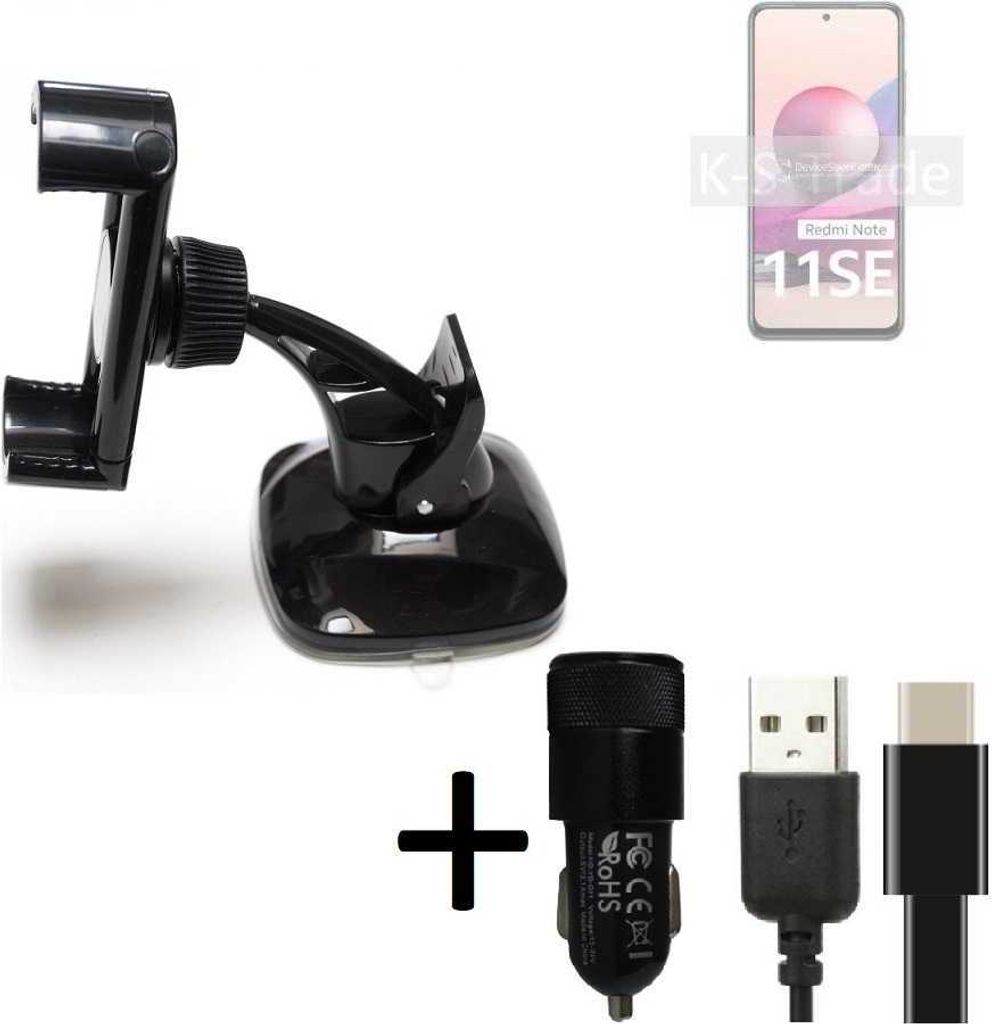 K-S-Trade Handy-Halterung kompatibel mit Xiaomi Redmi Note 11SE India Windschutzscheibe / Armaturenbrett + LADEGERÄT mit Mico USB Kabel Autohalterung